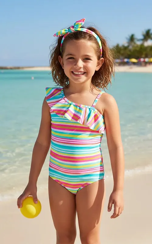 Cust Girls One Shoulder Ruffle One Piece Bathing Swimsuit Colorful Print Swimwear