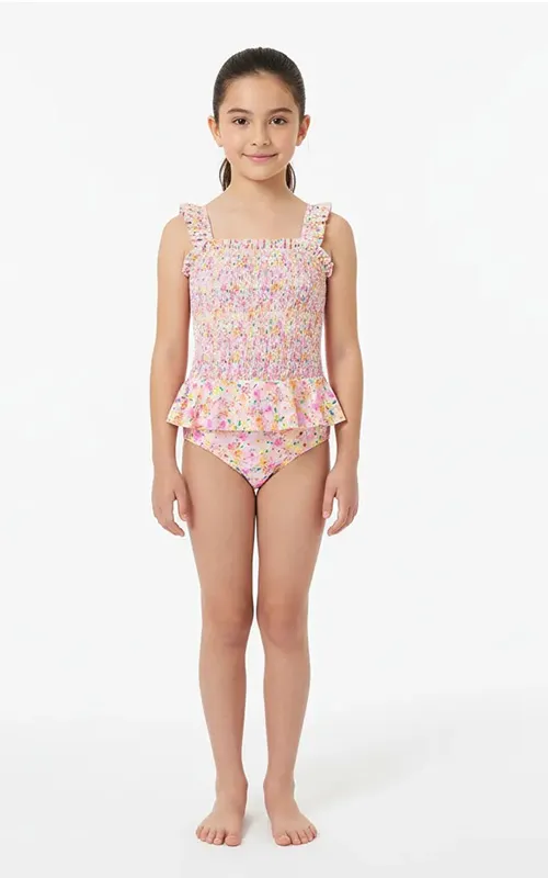 Custom Girls Floral Print Ruffle Strap Smocking One-Piece Bathing Suit Swimsuit