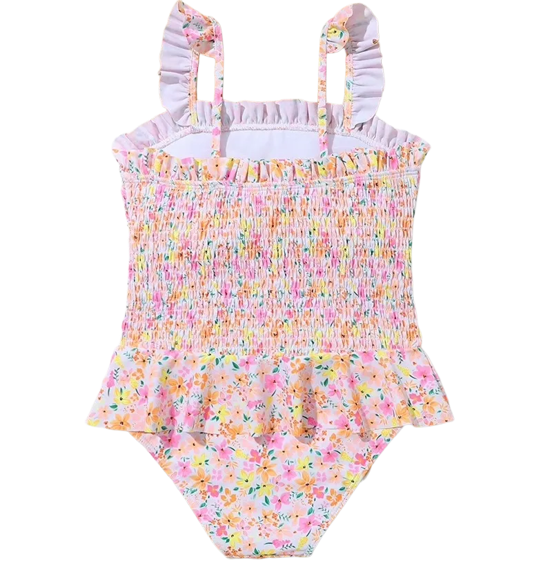 Custom Girls Floral Print Ruffle Strap Smocking One-Piece Bathing Suit Swimsuit