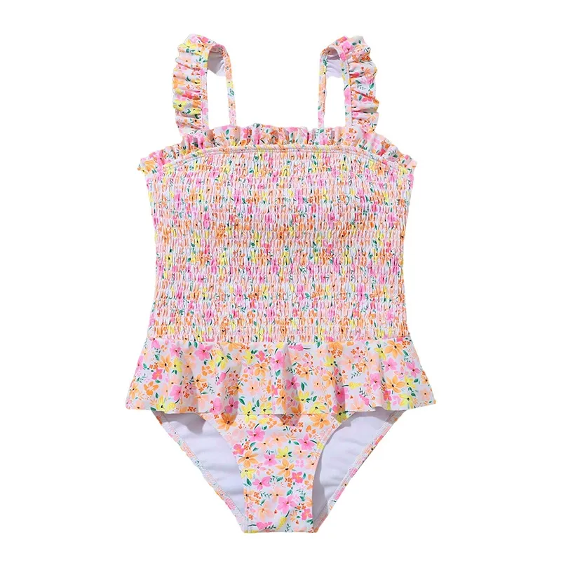 Custom Girls Floral Print Ruffle Strap Smocking One-Piece Bathing Suit Swimsuit