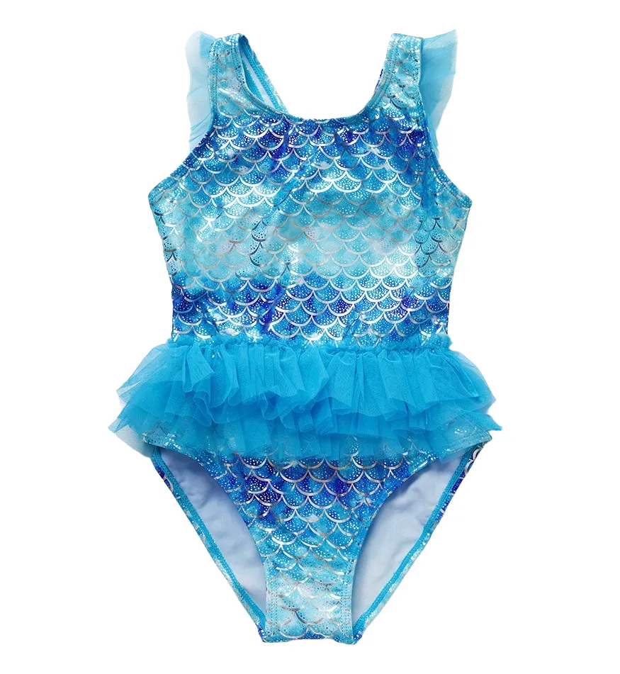 Custom Girls Mermaid foil print Scale Girls One Piece Swimsuit with Tulle Skirt