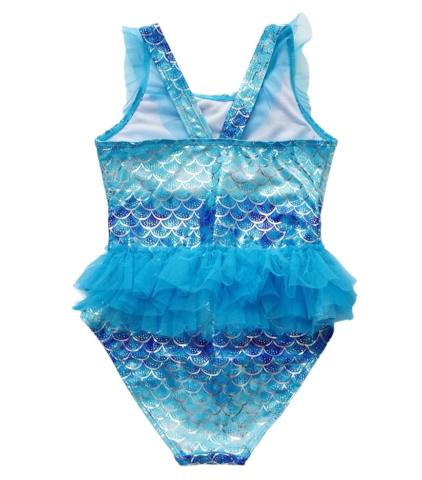 Custom Girls Mermaid foil print Scale Girls One Piece Swimsuit with Tulle Skirt