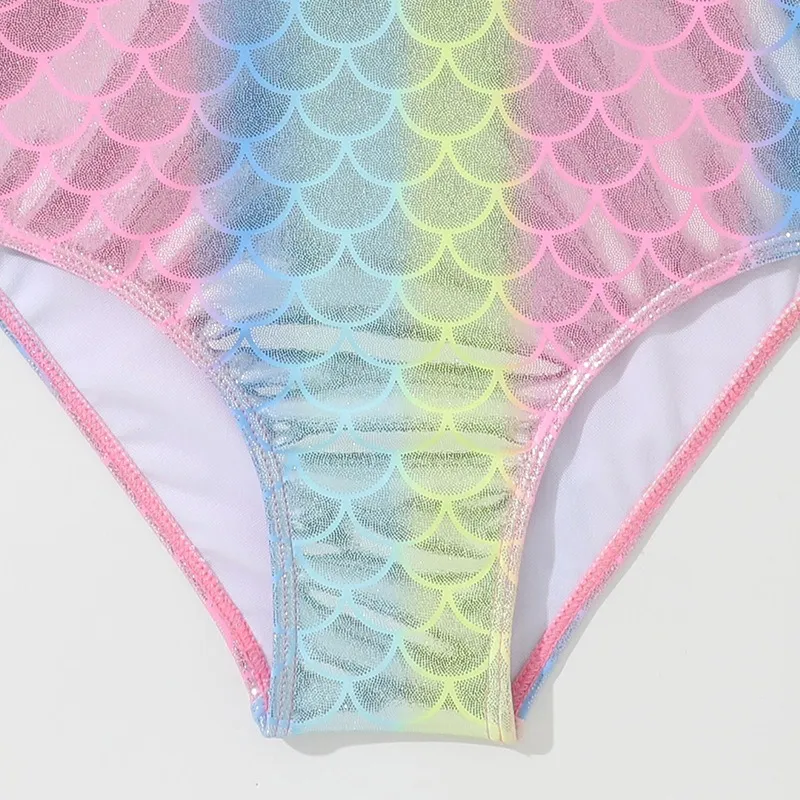 Custom Girls Mermaid Pattern Foil Print One Piece Bathing Suit with Ruffled Straps