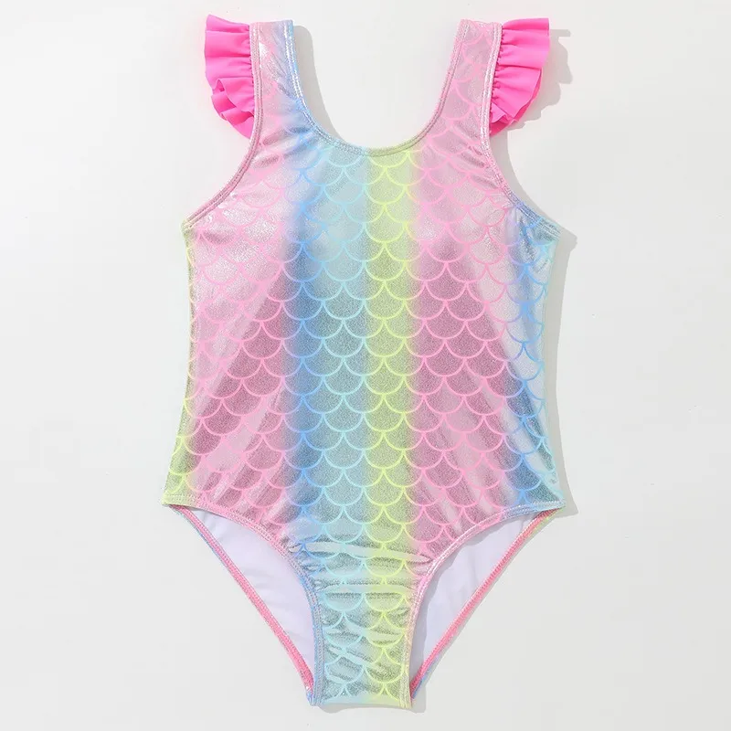 Custom Girls Mermaid Pattern Foil Print One Piece Bathing Suit with Ruffled Straps