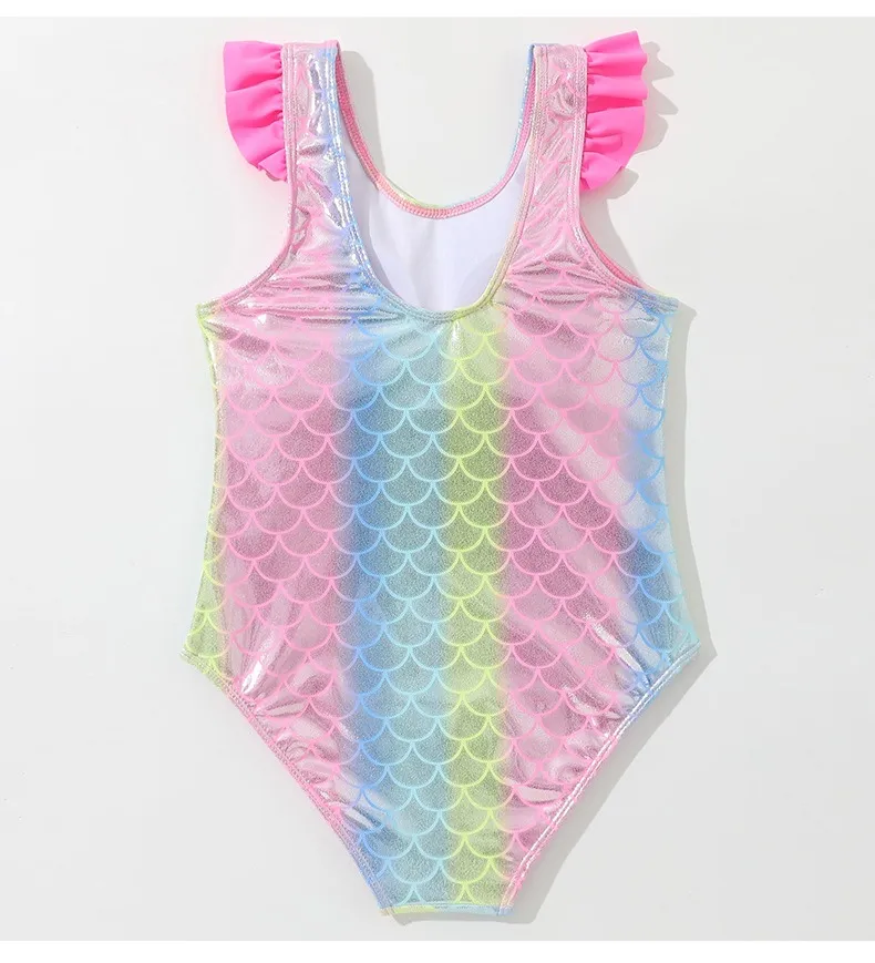 Custom Girls Mermaid Pattern Foil Print One Piece Bathing Suit with Ruffled Straps