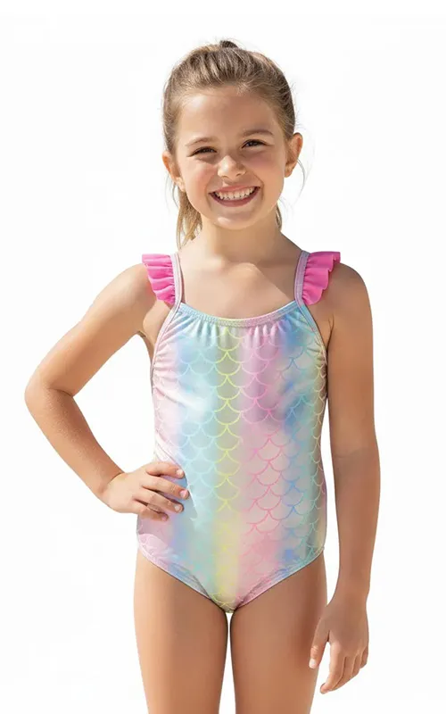 Custom Girls Mermaid Pattern Foil Print One Piece Bathing Suit with Ruffled Straps