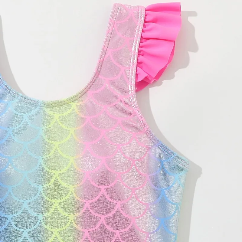 Custom Girls Mermaid Pattern Foil Print One Piece Bathing Suit with Ruffled Straps
