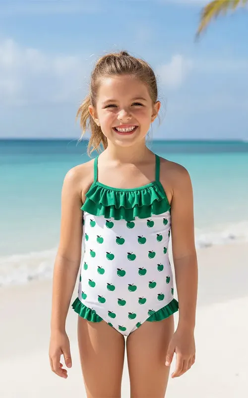 Custom Girls One Piece Bathing Suit Swimsuit with Front Ruffle & Leg Ruffle Trim