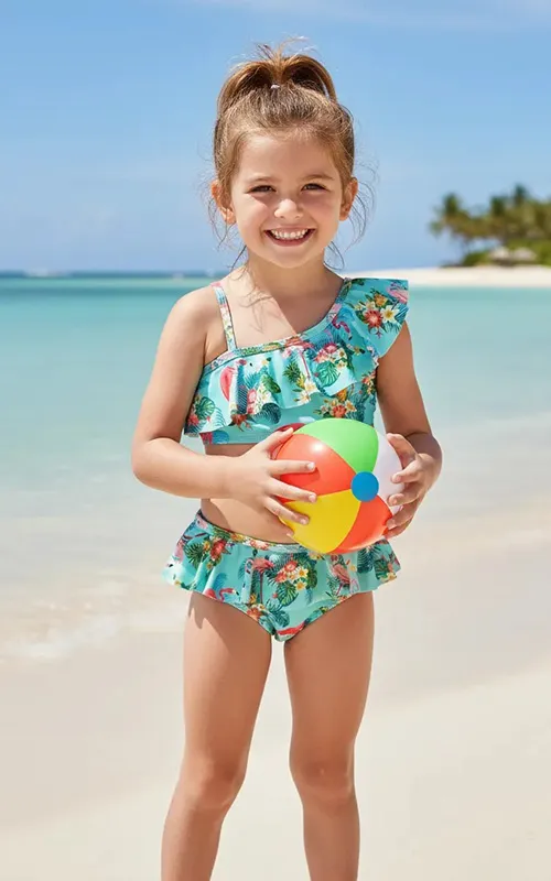 Custom Girls One-Shoulder Ruffle Strap Bikini Set