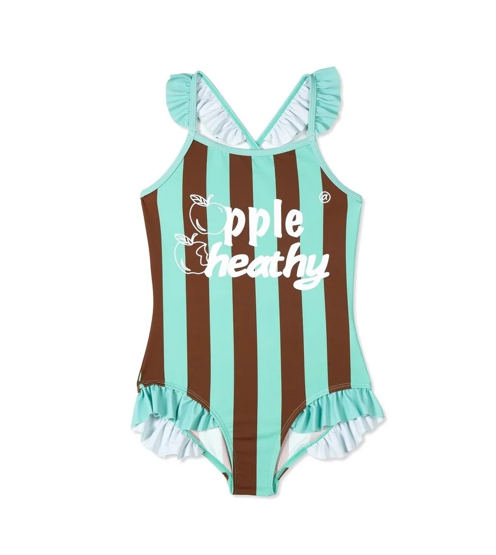 Custom Girls Striped Bathing Suit One Piece with Shoulder Frill and Leg Trim