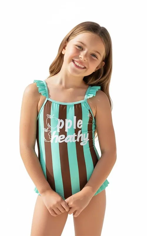 Custom Girls Striped Bathing Suit One Piece with Shoulder Frill and Leg Trim