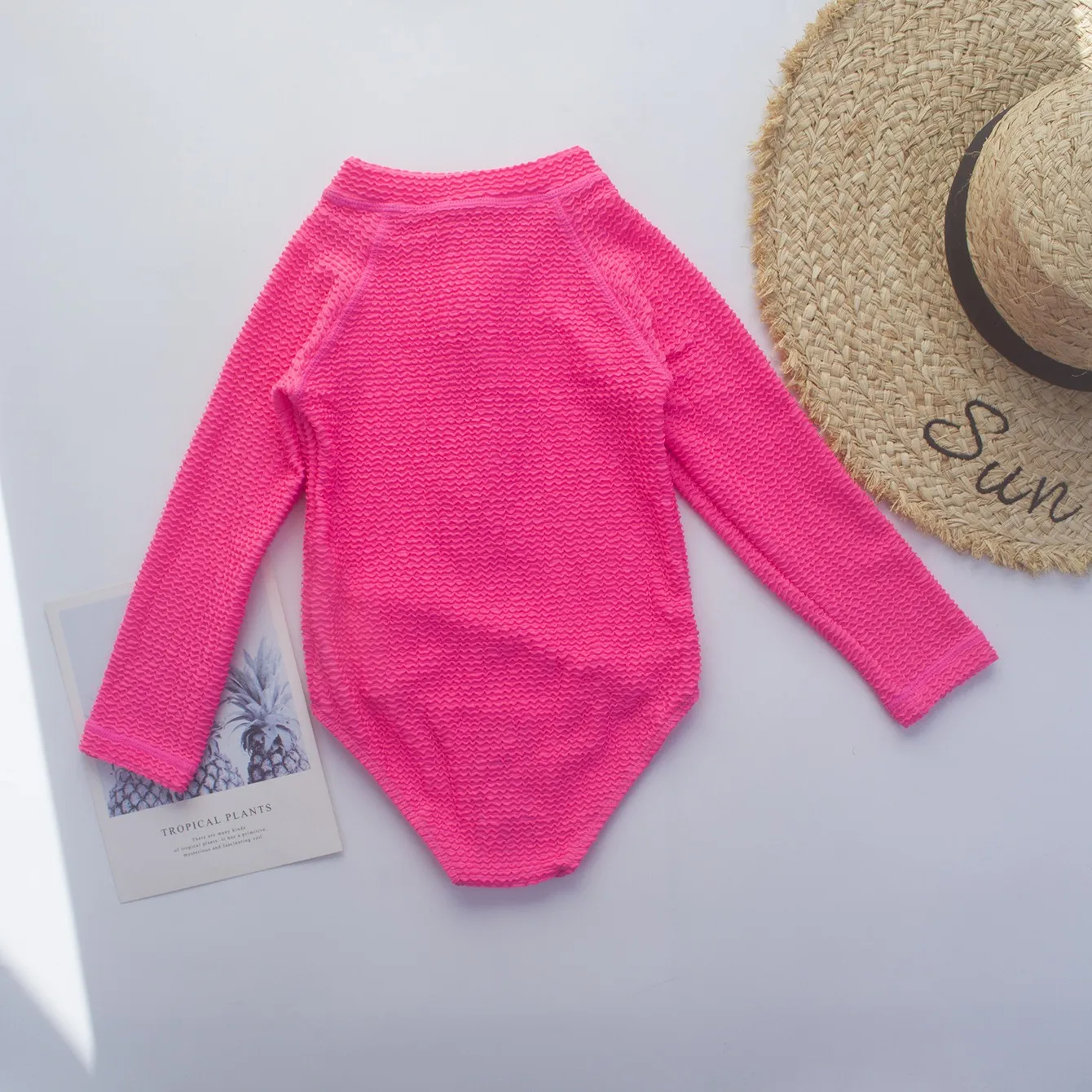 Custom Girls Textured Front Zipper Long Sleeve Kids One Piece Swimsuit