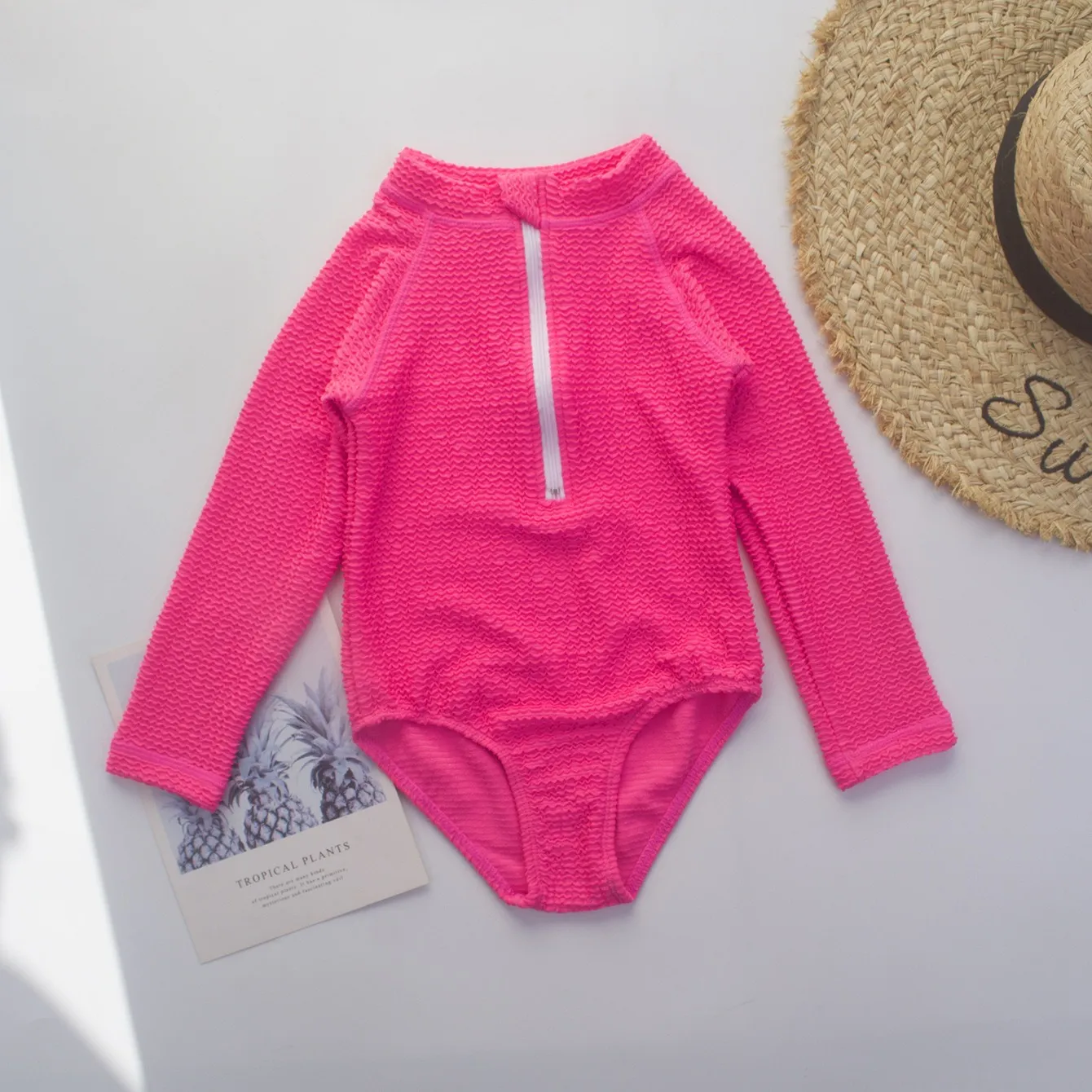 Custom Girls Textured Front Zipper Long Sleeve Kids One Piece Swimsuit