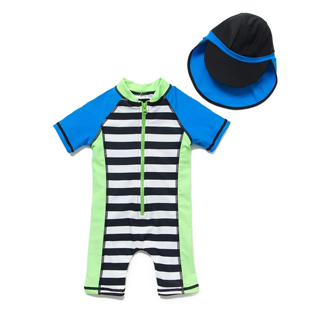 Custom Infant Toddler Boys Full Body Rash Guard UV Protection Swimsuit Set with Cap