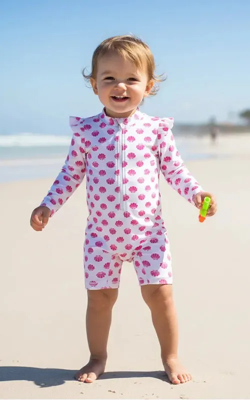 Custom Toddler & Girls Rash Guard Swimsuit with Zipper and Ruffle Shoulder