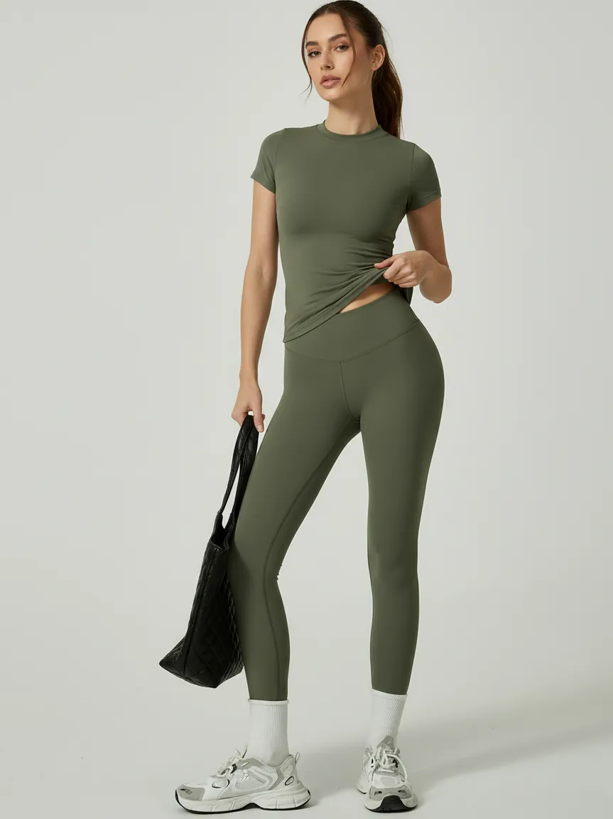 Custom Women’s Activewear Yoga Set ,Short Sleeve Top & High Waist Leggings for Training