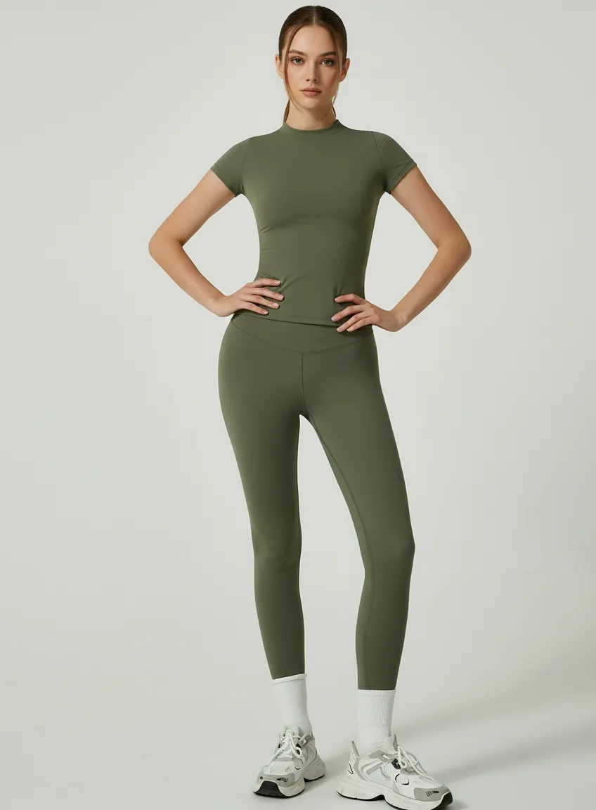 Custom Women’s Activewear Yoga Set ,Short Sleeve Top & High Waist Leggings for Training