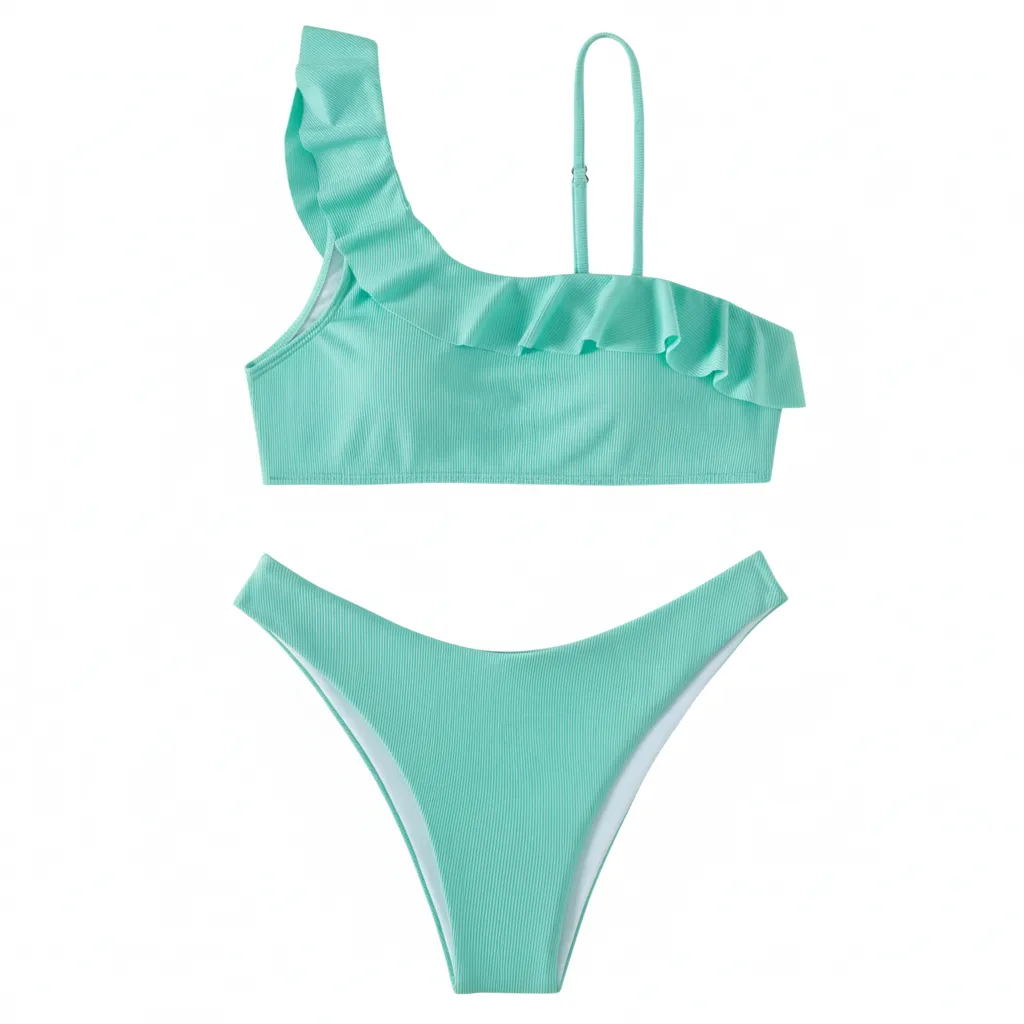 Custom Women's Ribbed fabric with Ruffle One Shoulder Ruffle Bikini Set Swimwear