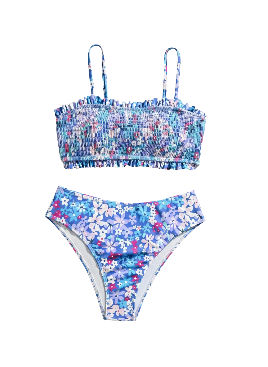 Custom Women's Ruffled Smocked Bandeau Two Piece Bikini with High Waist Bottom