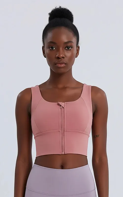 Front Zip Sports Bra High Support Longline Activewear Top for Women