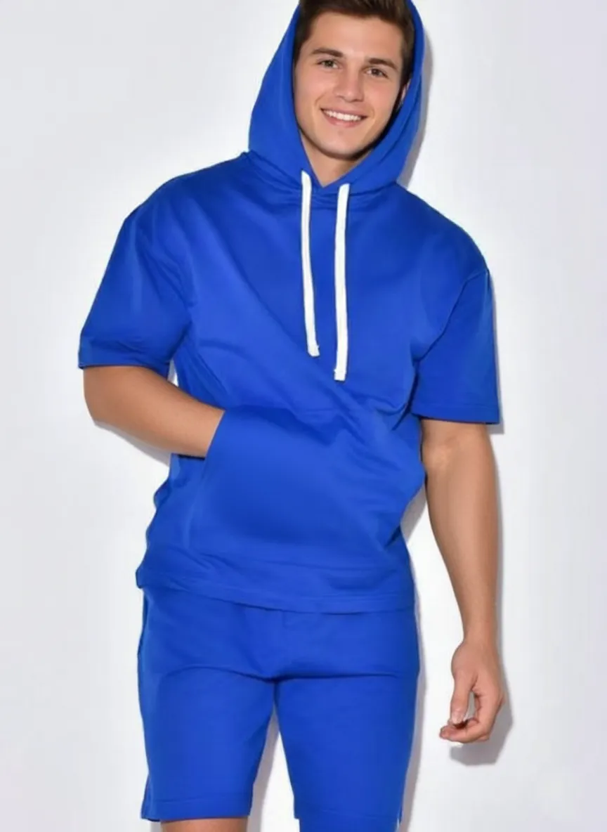 Men’s Casual Sportwear Summer Short Sleeve Hoodie Set 2 Piece Outfit Track suit