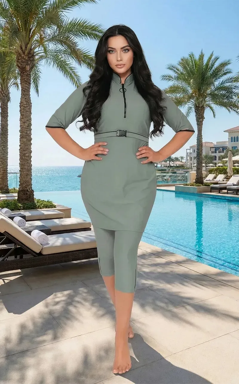 Women's Belted Half Sleeve Muslim Swimwear Set Modest Slim Fit Burkini