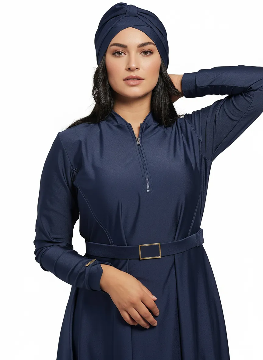 Women's Loose-Fit Half-Zip Belted Muslim Modest Burkini Rash Guard Long Sleeve Surfing Swimsuit Bathing Suit