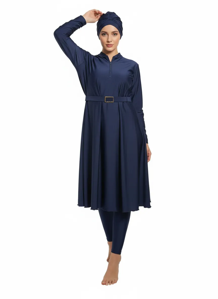 Women's Loose-Fit Half-Zip Belted Muslim Modest Burkini Rash Guard Long Sleeve  Surfing Swimsuit Bathing Suit