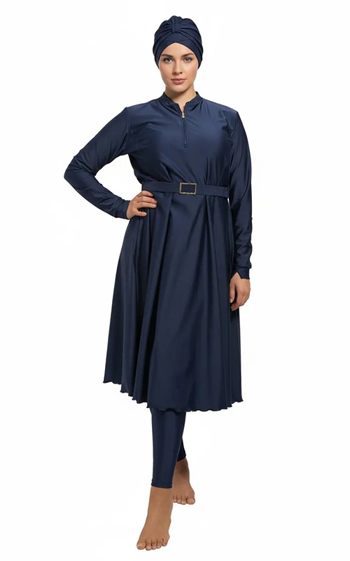 Women's Loose-Fit Half-Zip Belted Muslim Modest Burkini Rash Guard Long Sleeve Surfing Swimsuit Bathing Suit