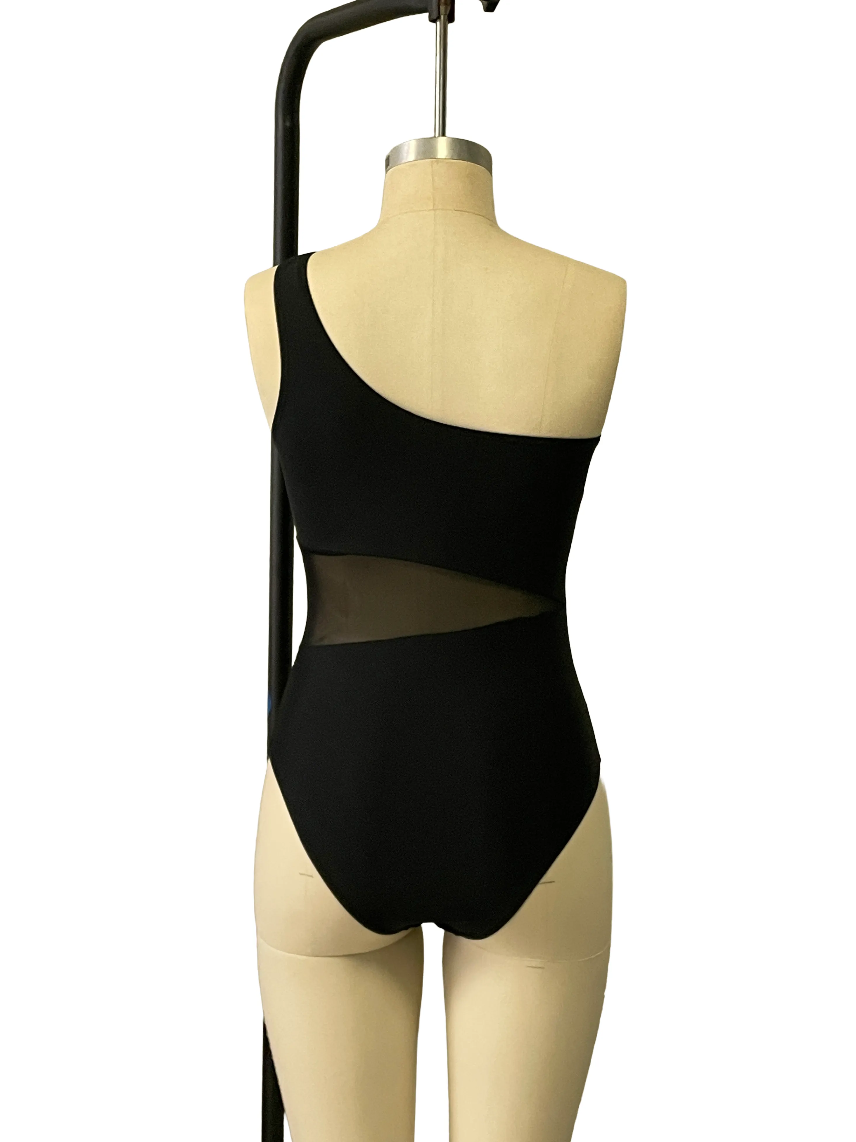 Women’s One Shoulder Mesh Cutout Asymmetrical Patchwork Swimsuit Monokini Swimwear