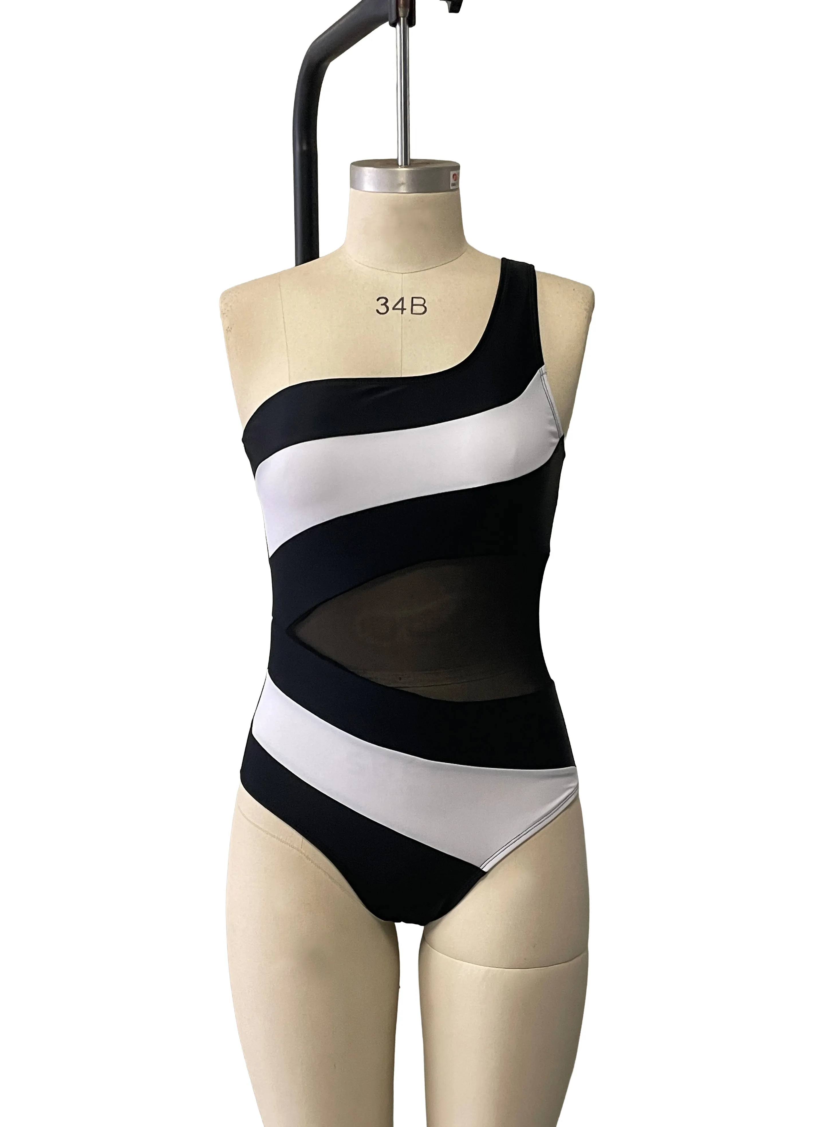 Women’s One Shoulder Mesh Cutout Asymmetrical Patchwork Swimsuit Monokini Swimwear