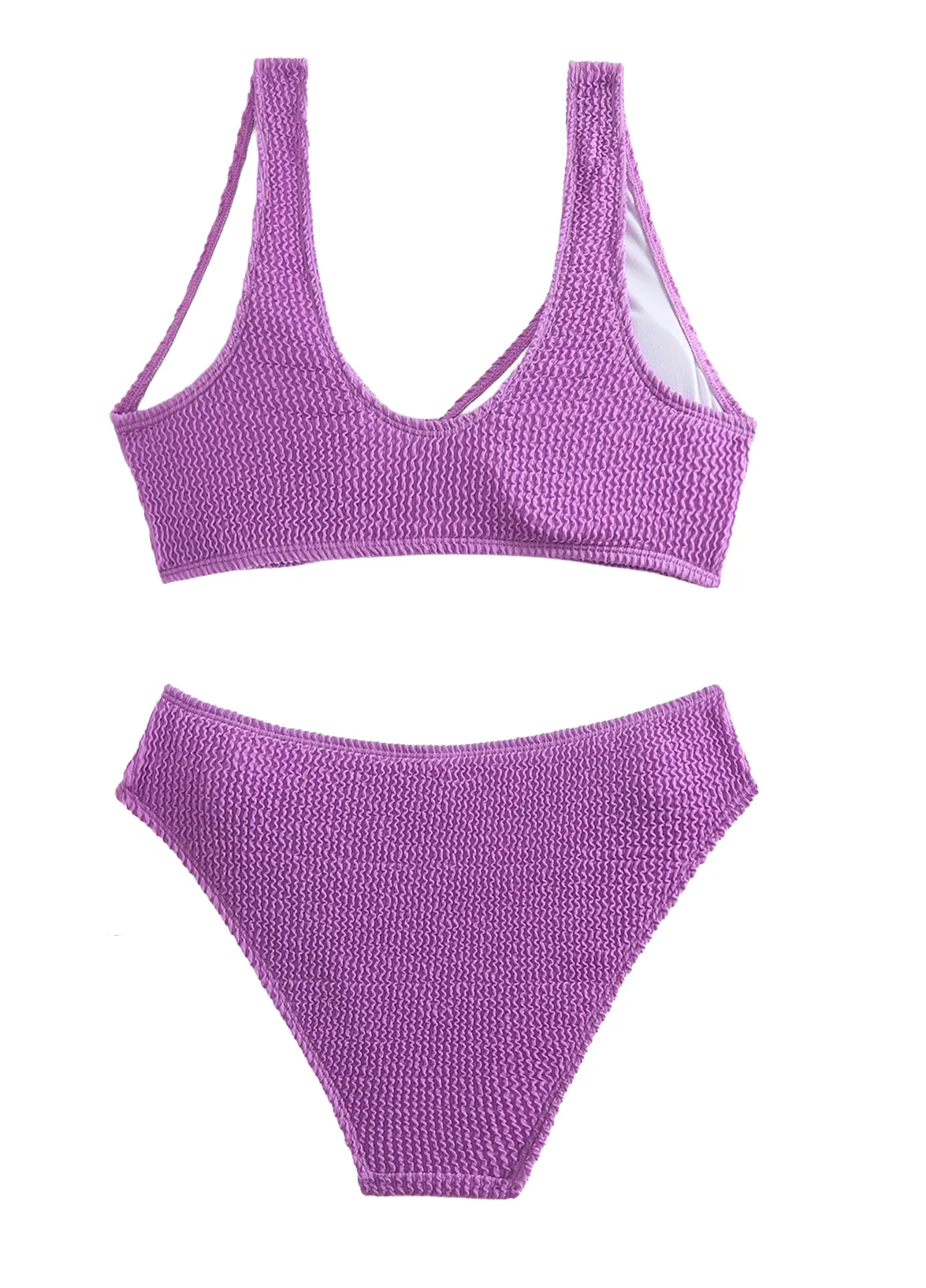 Women’s Solid Color Bikini with Premium Crinkle Fabric Textured Knot Front Two-Piece Swimwear