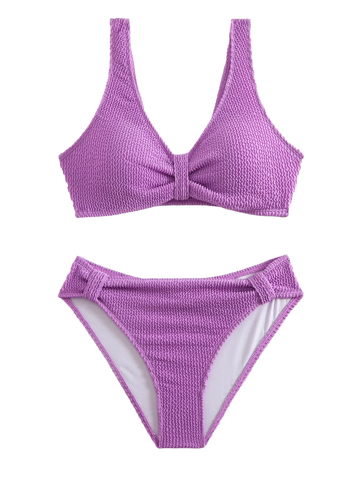 Women’s Solid Color Bikini with Premium Crinkle Fabric Textured Knot Front Two-Piece Swimwear