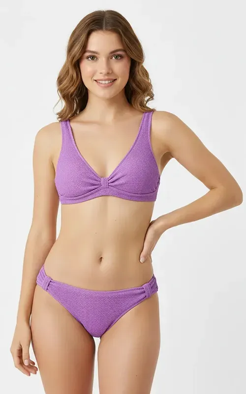 Women’s Solid Color Bikini with Premium Crinkle Fabric Textured Knot Front Two-Piece Swimwear